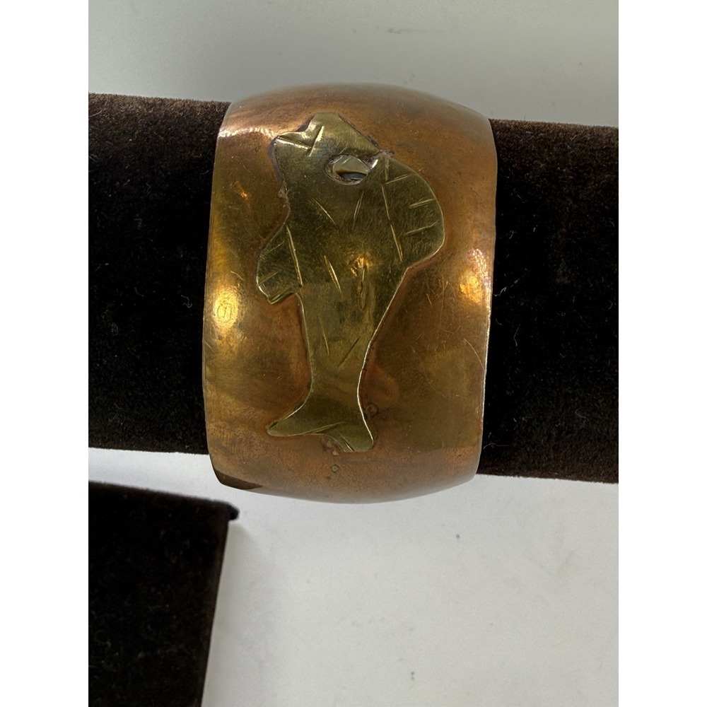 Vintage Artisan Copper Brass Fish Cuff Bracelet Boho Mixed Metal Statement